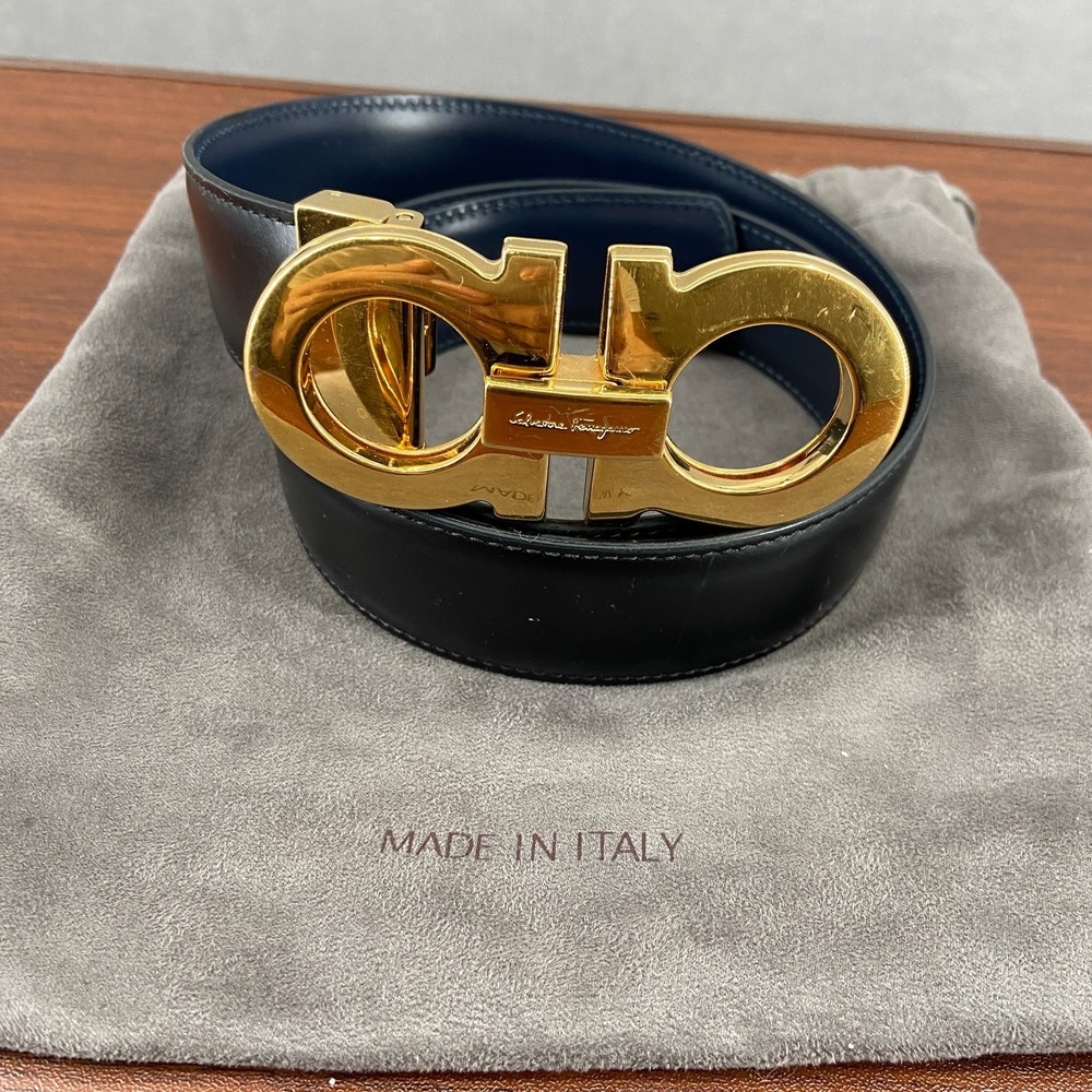 Salvatore Ferragamo Gancini Belt Mens 33 Black Calfskin Gold Tone Buckle 5 Hole - Picture 2 of 14